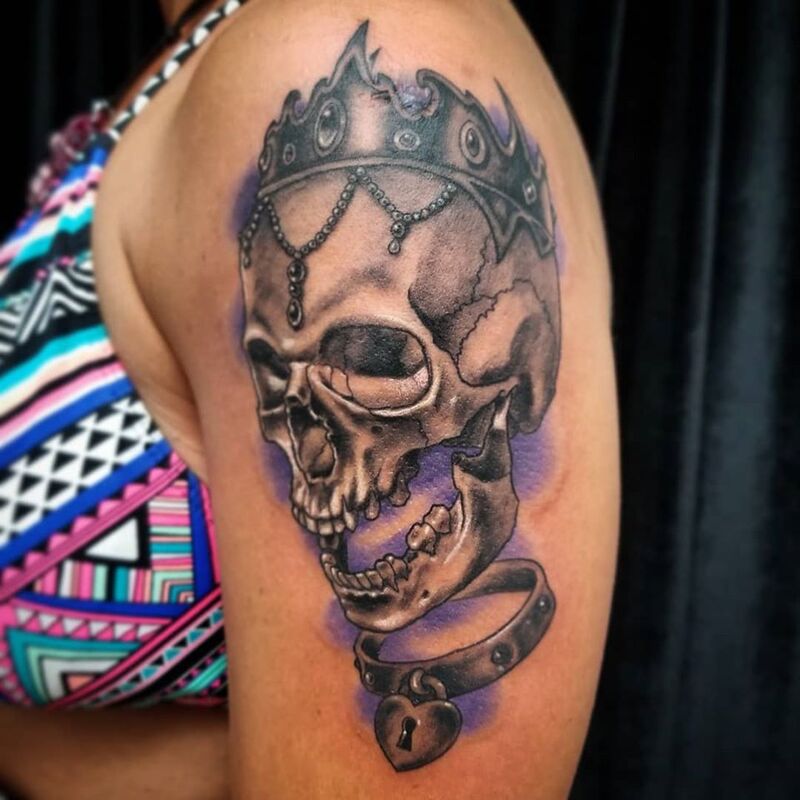 Queen skull tattoo done at Overlord Tattoo Studio Miami Beach