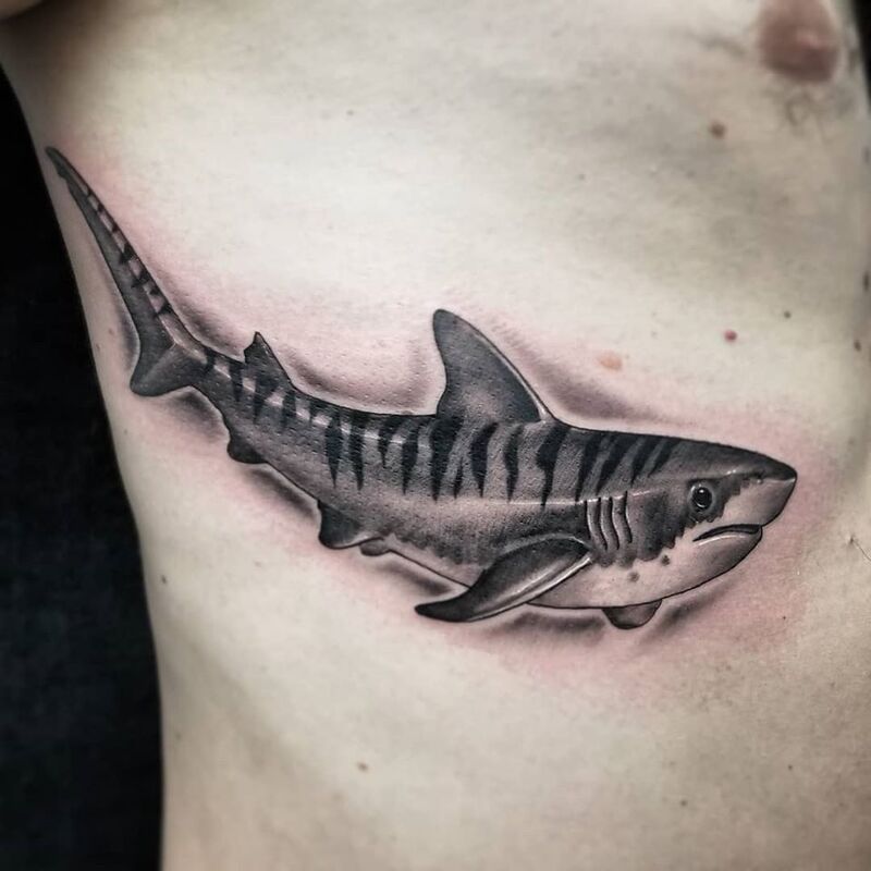 Tiger shark tattoo done at Overlord Tattoo Studio Miami Beach
