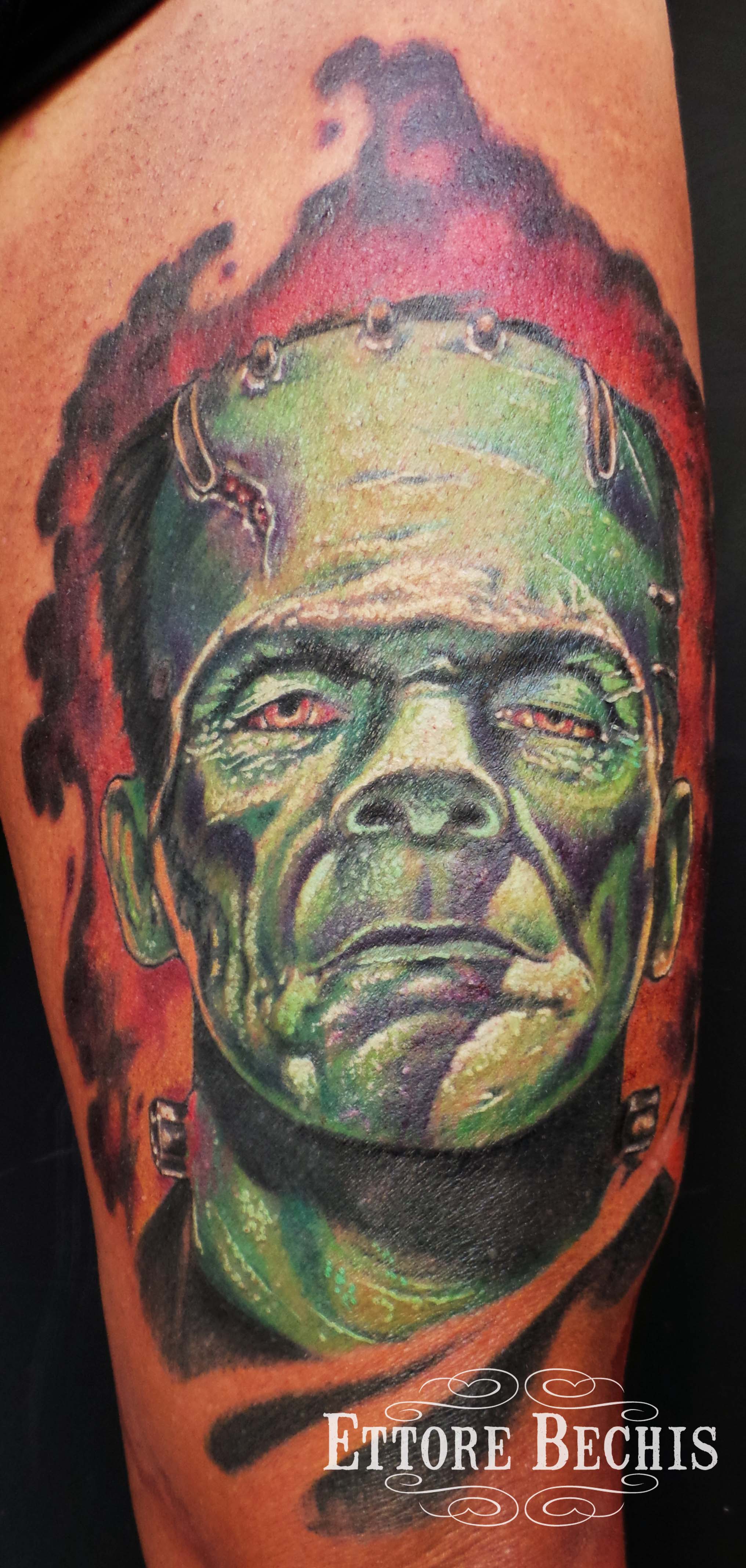 Frankenstein tattoo portrait tattoo  done by Ettore Bechis at Ettore Bechis Tattoo Studio. The only private tattoo studio in Miami Beach,miami tattoo artists,art,tattoo,design,tattoo portraits,bodyart,realism,tattoo galleries,tattooed,tattoist,tattoo studio,tattoo shop,tattoo convention,tattoo parlors,tattoo picture design,inked,best tattoo shop in Miami