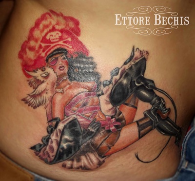 Pirate Pin up tattoo, done by Ettore Bechis at Ettore Bechis Tattoo Studio. The only private tattoo studio in Miami Beach,miami tattoo artists,art,tattoo,design,tattoo portraits,bodyart,realism,tattoo galleries,tattooed,tattoist,tattoo studio,tattoo shop,tattoo convention,tattoo parlors,tattoo picture design,inked,best tattoo shop in Miami