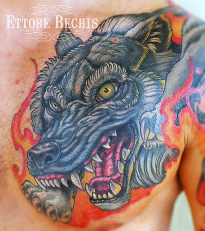 Wolf,tattoo,neotraditional,done by Ettore Bechis at Ettore Bechis Tattoo Studio. The only private tattoo studio in Miami Beach
