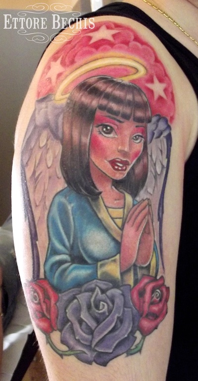 Angel tattoo cartoon,done by Ettore Bechis at Ettore Bechis Tattoo Studio. The only private tattoo studio in Miami Beach