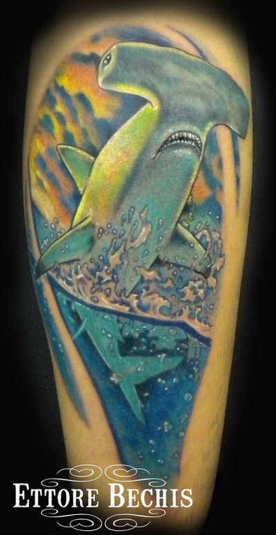 Shark tattoo, done by Ettore Bechis at Ettore Bechis Tattoo Studio. The only private tattoo studio in Miami Beach