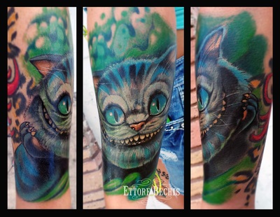 The Cheshire Cat Tattoo, done by Ettore Bechis at Ettore Bechis Tattoo Studio. The only private tattoo studio in Miami Beach,miami tattoo artists,art,tattoo,design,tattoo portraits,bodyart,realism,tattoo galleries,tattooed,tattoist,tattoo studio,tattoo shop,tattoo convention,tattoo parlors,tattoo picture design,inked,best tattoo shop in Miami