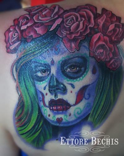 Mexican Lady Dia de los muertos tattoo tattoo  done by Ettore Bechis at Ettore Bechis Tattoo Studio. The only private tattoo studio in Miami Beach,miami tattoo artists,art,tattoo,design,tattoo portraits,bodyart,realism,tattoo galleries,tattooed,tattoist,tattoo studio,tattoo shop,tattoo convention,tattoo parlors,tattoo picture design,inked,best tattoo shop in Miami