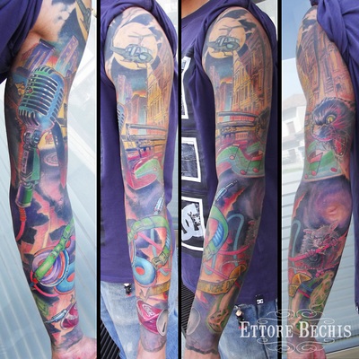 Full sleeve ghetto tattoo, done by Ettore Bechis at Ettore Bechis Tattoo Studio. The only private tattoo studio in Miami Beach