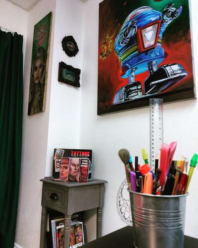 Inside the Ettore Bechis tattoo studio, the only private tattoo studio in Miami Beach. Paintings and tattoos are always together!