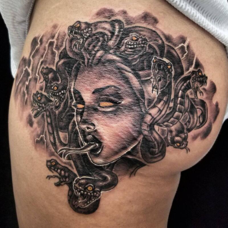 Medusa tattoo,snake,black and grey,Overlord tattoo shop