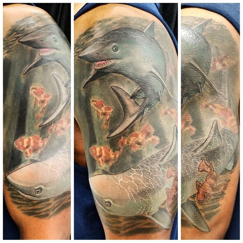 Shark tattoo done at Overlord Tattoo Studio Miami Beach