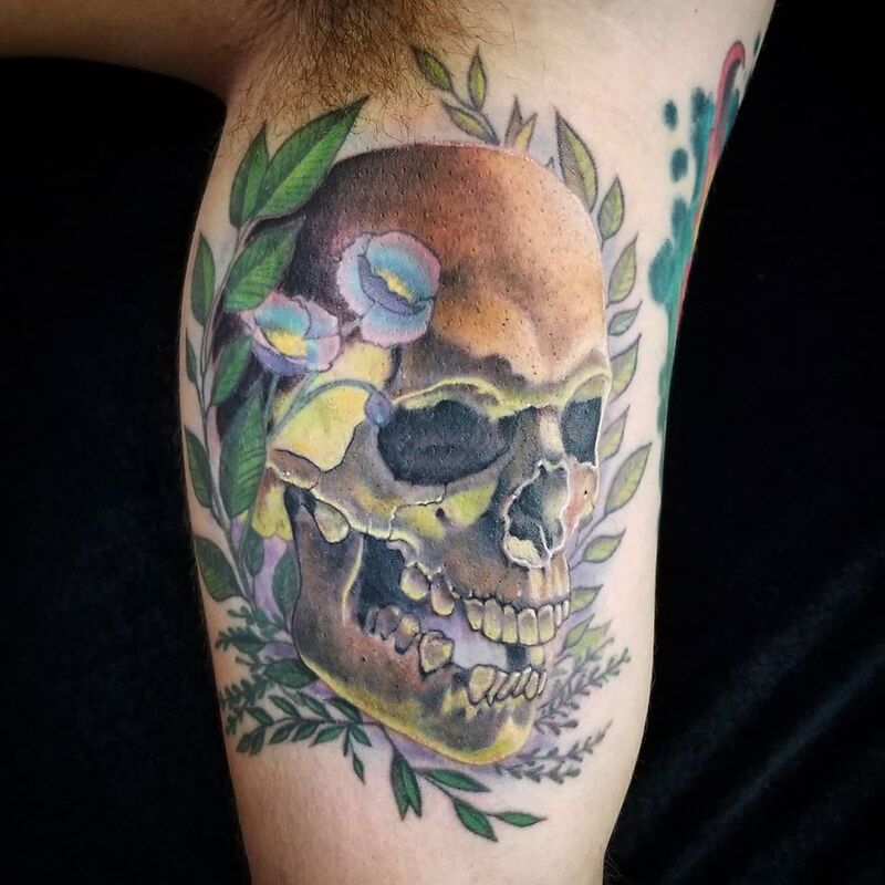 Flower skull tattoo done at Overlord Tattoo Studio Miami Beach