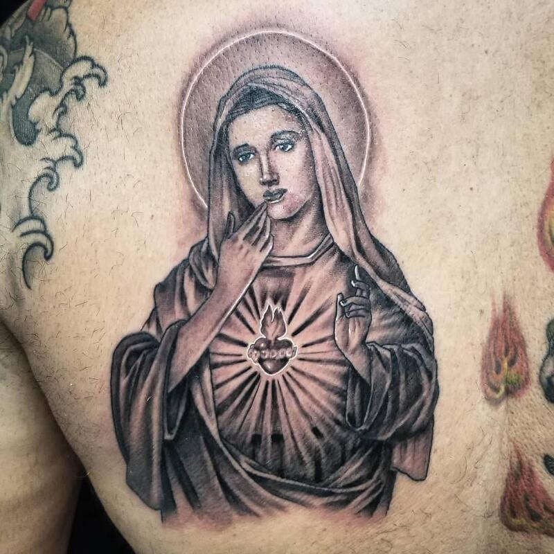 Virgin Mary,tattoo,Sacred Heart,Black and grey tattoo,Overlord tattoo shop