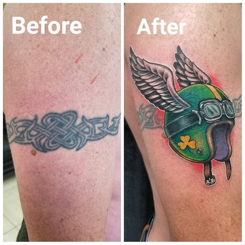 Before after biker helmet with wings tattoo done at Overlord Tattoo Studio Miami Beach