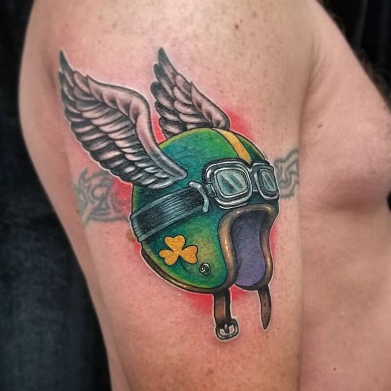 Before after biker helmet with wings tattoo done at Overlord Tattoo Studio Miami Beach